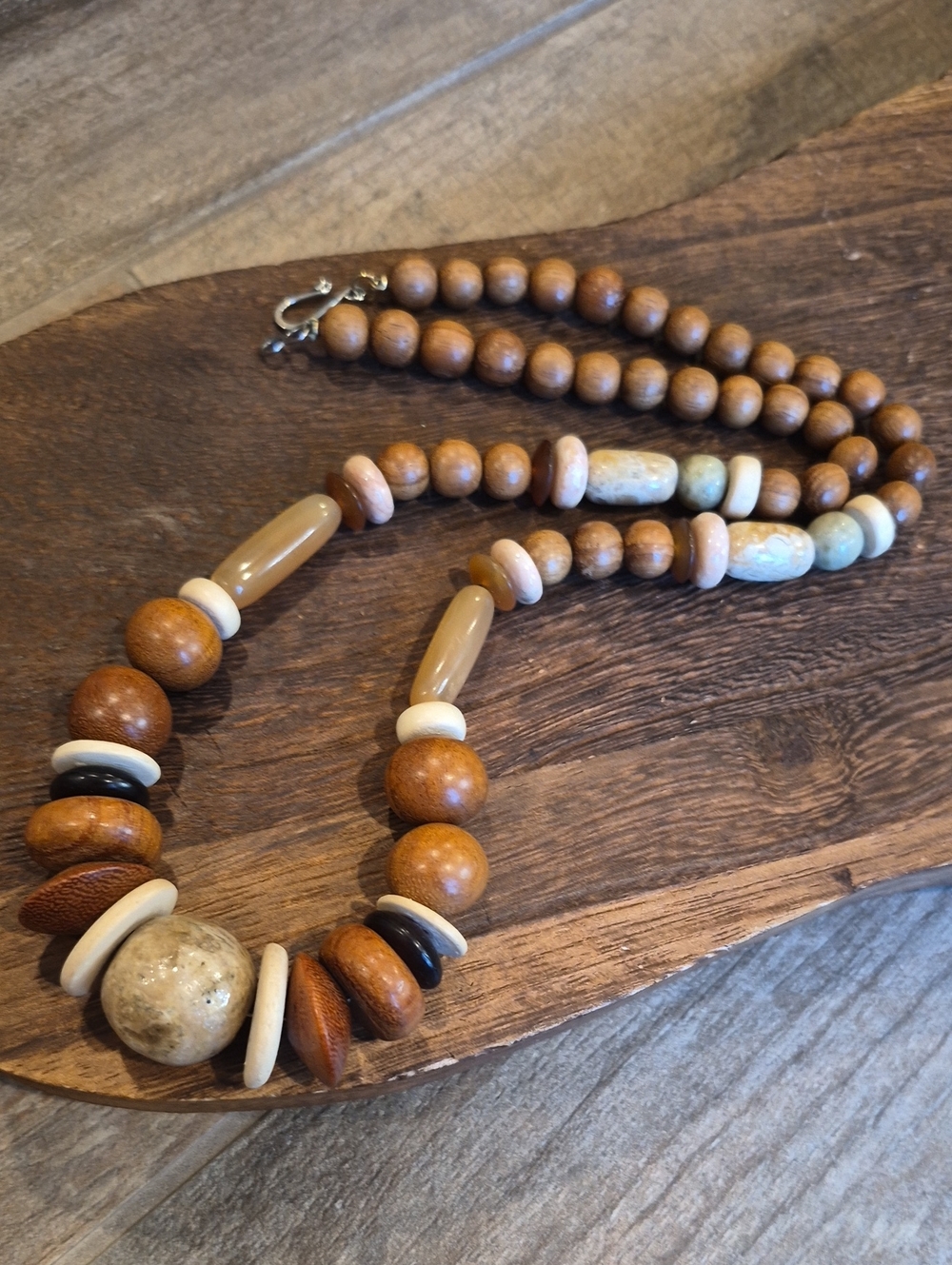 Vtg Artisan Handcrafted Wood & Stone Beaded Necklace, Hook Closure